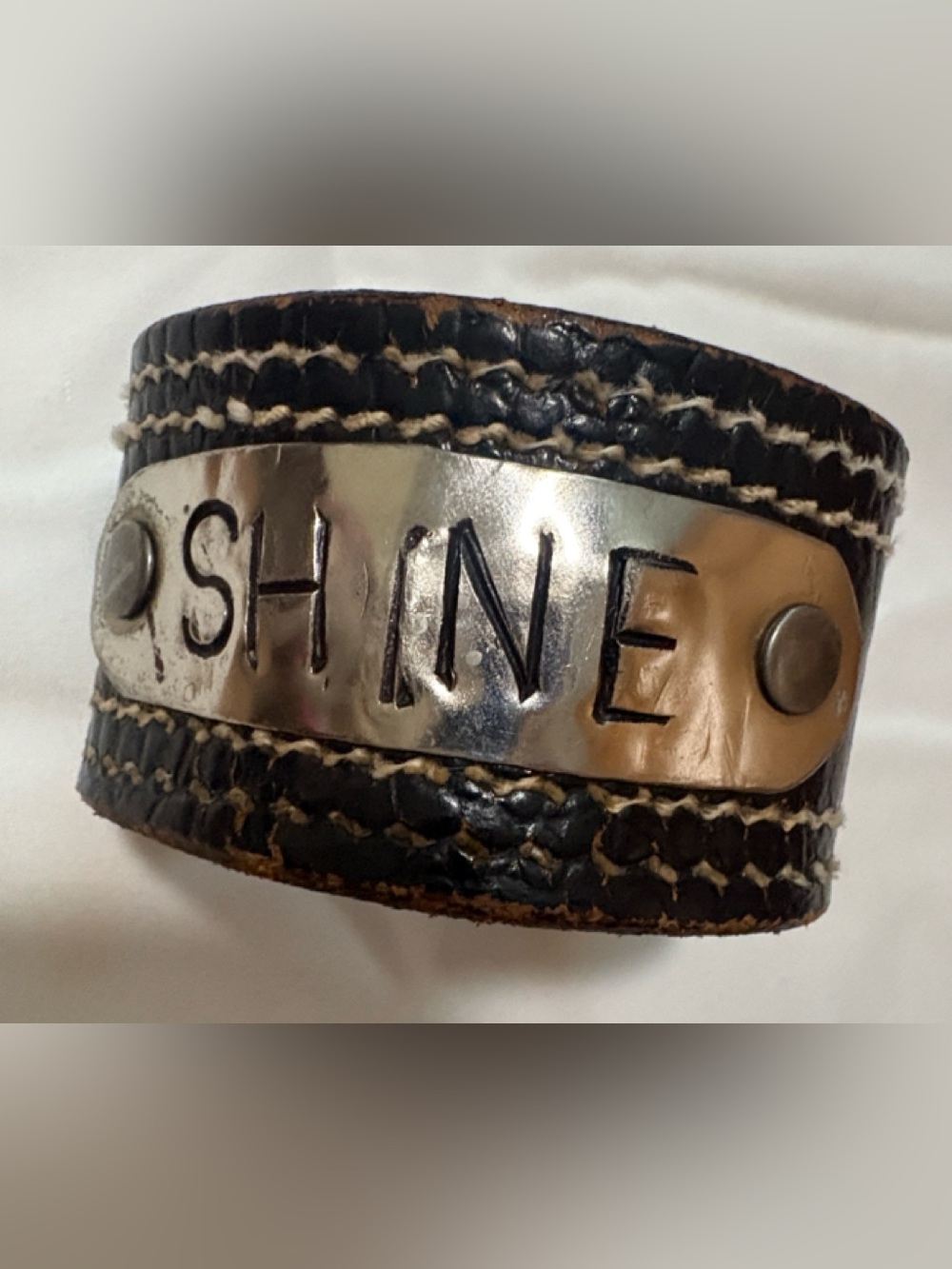 Handmade Distressed “Shine” Engraved Black Leather Statement Cuff Bracelet